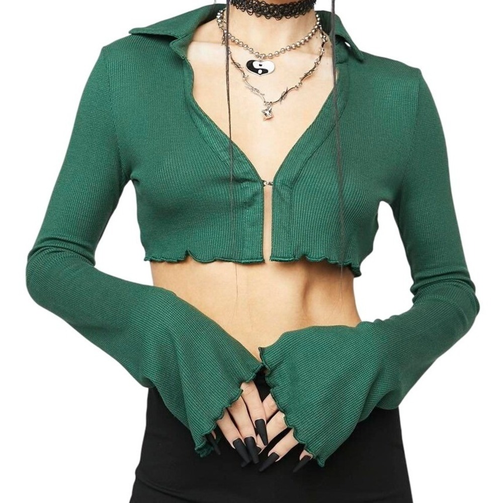 Edikted Dark Green Cropped Cardigan Bell Sleeves Lettuce Edge Boho Y2K Sz Small